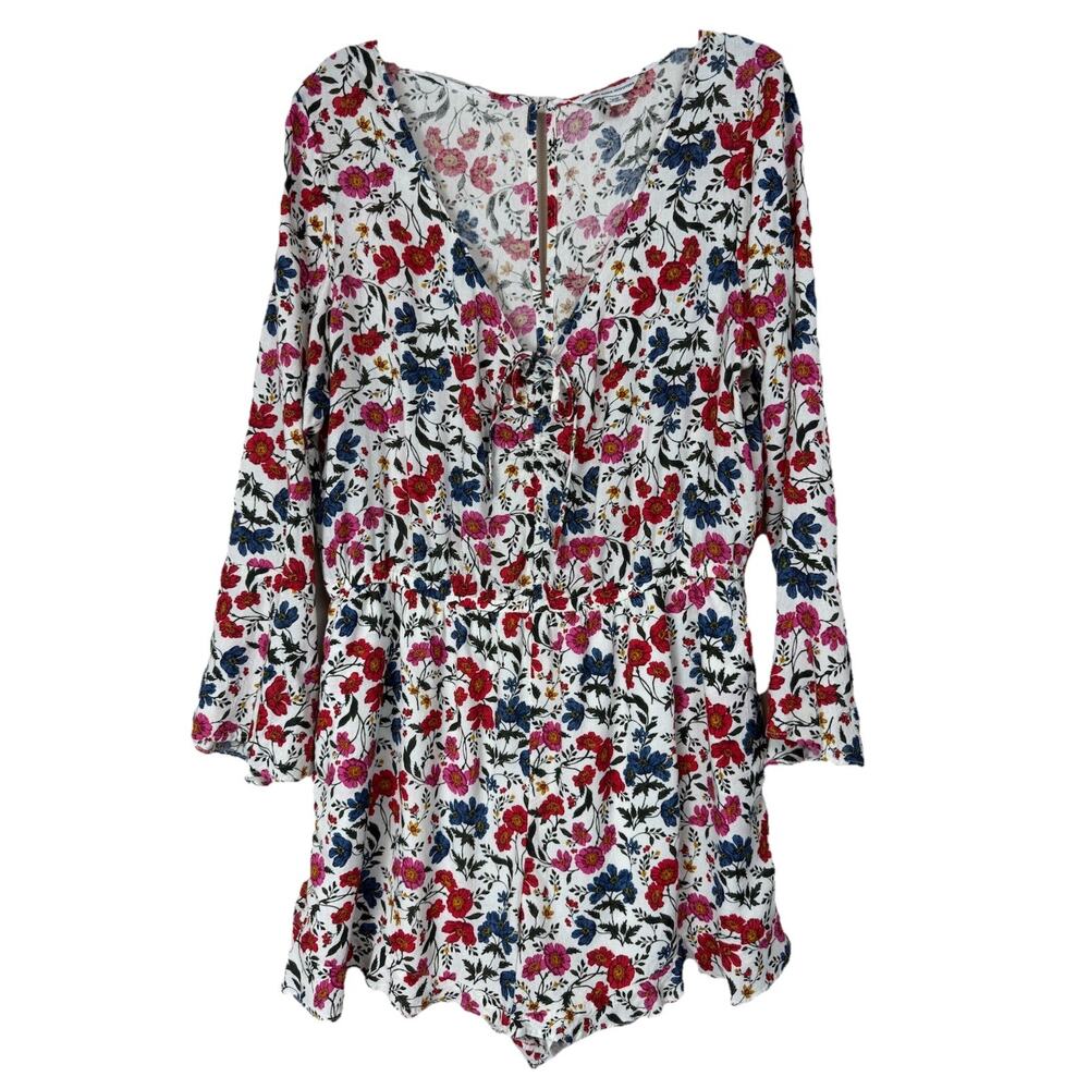 American Eagle Floral Romper XL V Neck Tie Front Long Sleeve Resort Wear Pockets